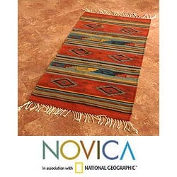 Mexican Zapotec 'Rhombus Fire' Wool Rug (2'6 x 5')