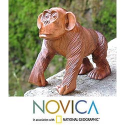 'Curious Chimp' Wood Statuette (Indonesia)
