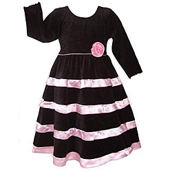 AnnLoren Girl's Black Velvet/ Pink Satin Holiday Dress