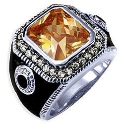 Simon Frank 14k White Gold Overlay Men's Cubic Zirconia and Enamel Ring
