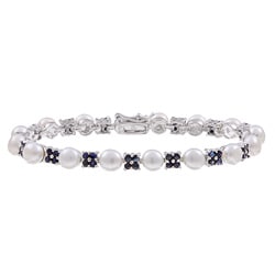 Sterling Silver White Freshwater Pearl and Sapphire Link Bracelet (6 mm)