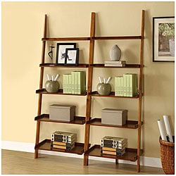 Mahogany Five-tier 2-piece Leaning Ladder Shelf Set