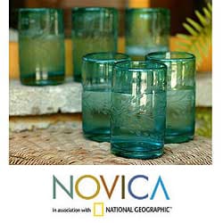 Set of 6 Blown Glass 'Aquamarine Flowers' Etched Glasses (Mexico)