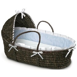 Espresso Hooded Moses Basket in Blue Gingham