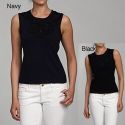 Elio Women's Beaded Floral Applique Knit Sleeveless Top