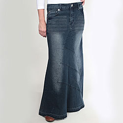 Tabeez Women's Frayed Medium Blue Long Denim Skirt