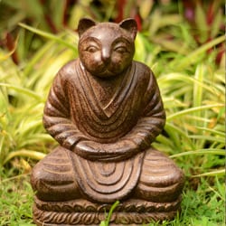 Volcanic Ash Antique Brown Cat Namaste Statue (Indonesia)