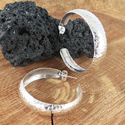 Sterling Silver Hammered Concave Hoop Earrings (Mexico)
