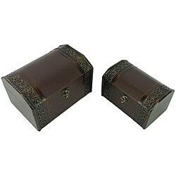 Classic Jewelry & Keepsake Box in Mahogany & Brown Leather (Set of 2)
