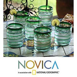 Set of 6 Blown Glass 'Emerald Spiral' Tumblers (Mexico)