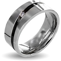Stainless Steel Cubic Zirconia Men's Black Stripe Wedding Band