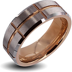 Men's Tungsten Carbide Brushed Center Rose Gold Cross Grooved Ring (8 mm)