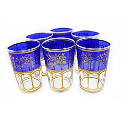 Hand-painted Moroccan Mek-blue-trim Tea Glasses (Set of Six)