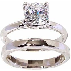 Silver-tone Cushion-cut Cubic Zirconia Solitaire Ring and Band