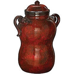 Mottled Merlot Red Glaze Ceramic Urn with Handles and Lid