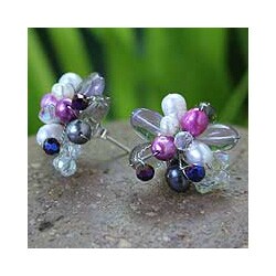 Sterling Silver 'Flor' Multi-gemstone Pearl Earrings (5 mm) (Thailand)