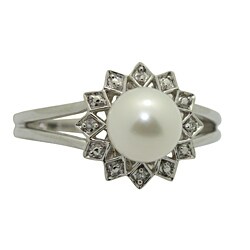 Sterling Diamond and Fresh Water Pearl Silver Ring (I1-I2, IJ)