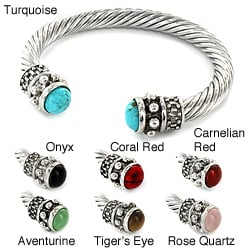 Silvertone Natural Gemstone and High-polish Metal Bangle Bracelet