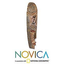 Handcrafted Sese Wood and Aluminum 'Good Fortune' African Mask (Ghana)