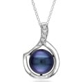 Sterling Silver Black Genuine Freshwater Pearl and Diamond Necklace (9-10 mm)