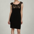 London Times Women's Black Lace Bodice Banded Cap-sleeve Dress
