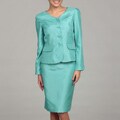 Tahari Women's Shantung Aqua Four-button Skirt Suit