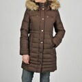 DKNY Women's Chocolate Down-blend Faux Fur Trimmed Hooded Coat
