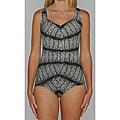 Island Pearls Missy Black/ Tan Ditzy Shirred 1-piece Swimsuit