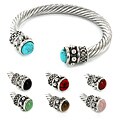 Silvertone Natural Gemstone and High-polish Metal Bangle Bracelet
