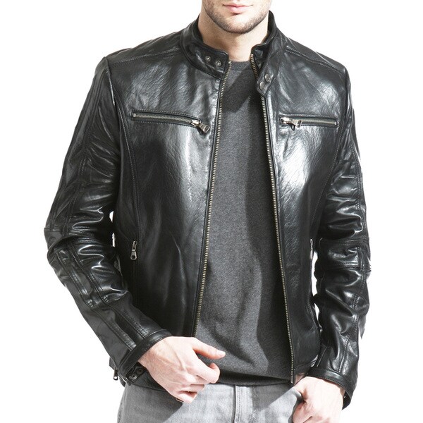 Men's Black Lambskin Leather Cafe Racer Jacket - Overstock Shopping ...