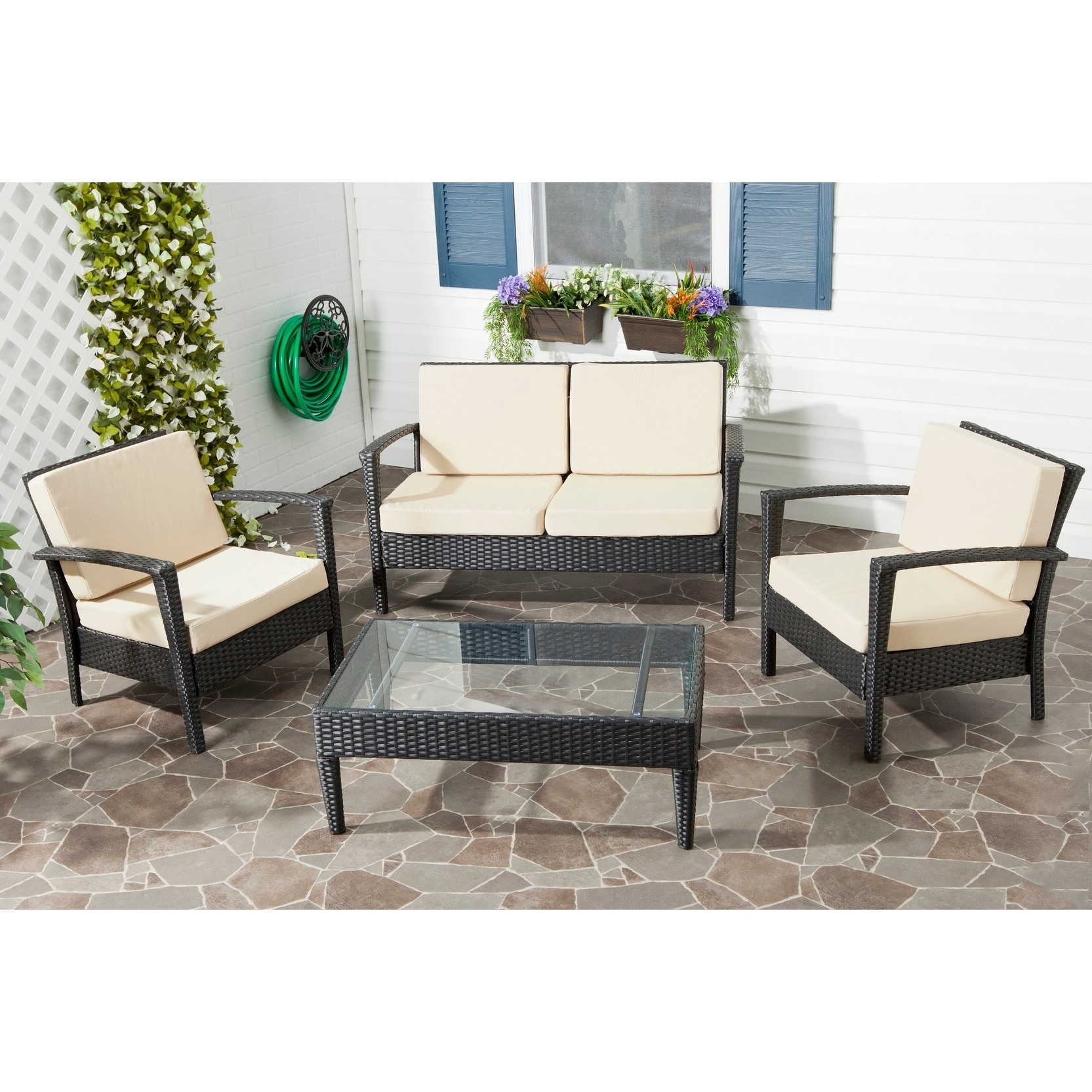 Safavieh Outdoor Living PE Wicker Yellow Cushion Glass Top 4 piece