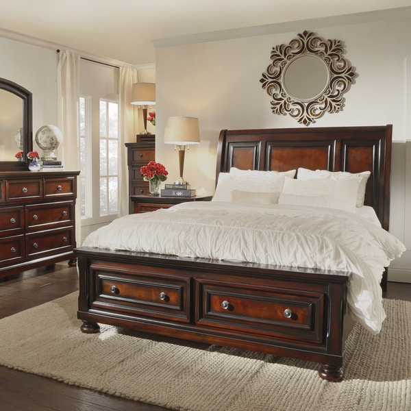 Elliot Distressed Warm Brown 5 piece 2 drawer Wood Sleigh Bed Set