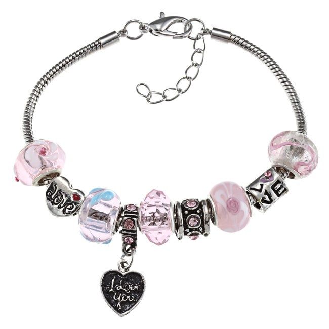 La Preciosa Silverplated Pink Bead and I Love You Heart Charm